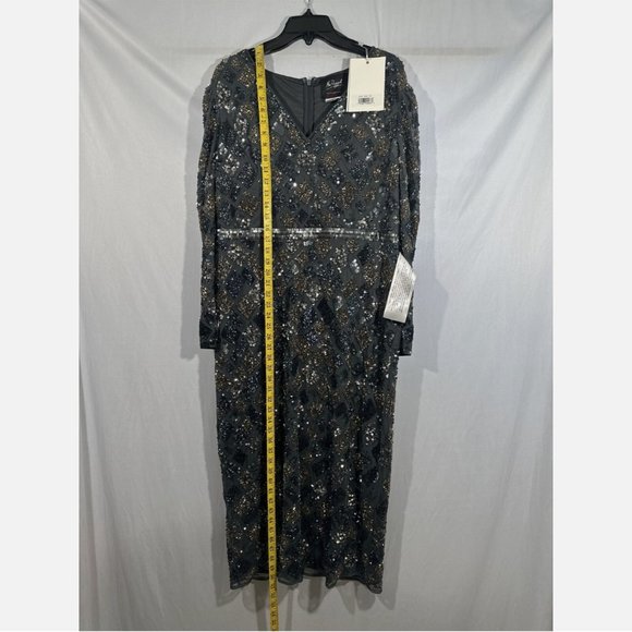 NWT‎ $498 Mac Duggal [ 16 ] Geo Embellished Midi Sheath Dress Charcoal Grey - Picture 6 of 14